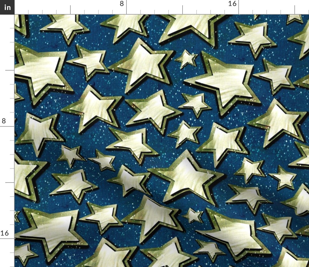 Medium 12” repeat 3D layered gold silver stars with faux woven texture on dark blue nighttime  background with snow