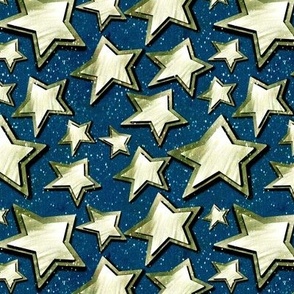 Small 6” repeat 3D layered gold silver stars with faux woven texture on dark blue nighttime  background with snow