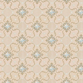 little blue roses, gold scrolls on beige 