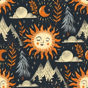 Boho Sun and Mountains in Orange and Navy