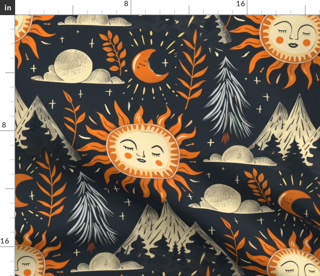 Boho Sun and Mountains in Orange and Navy