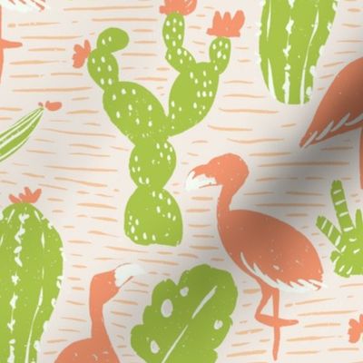 F Flamingos and Cacti desert botanical Wild West exotic landscape green orange jumbo 12in-repeat