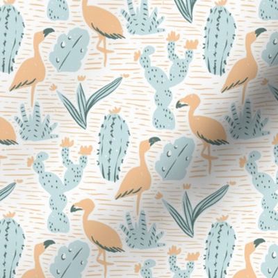 Flamingos and Cacti desert botanical Wild West exotic landscape peach baby blue Large 6in-repeat