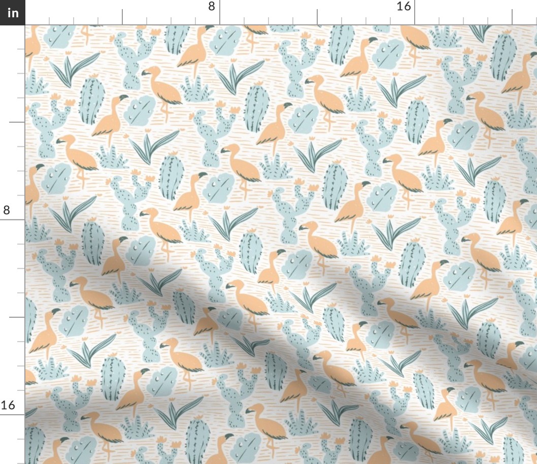 Flamingos and Cacti desert botanical Wild West exotic landscape peach baby blue Large 6in-repeat