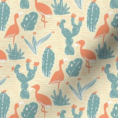 Flamingos and Cacti desert botanical Wild West exotic landscape teal orange Large 6in-repeat