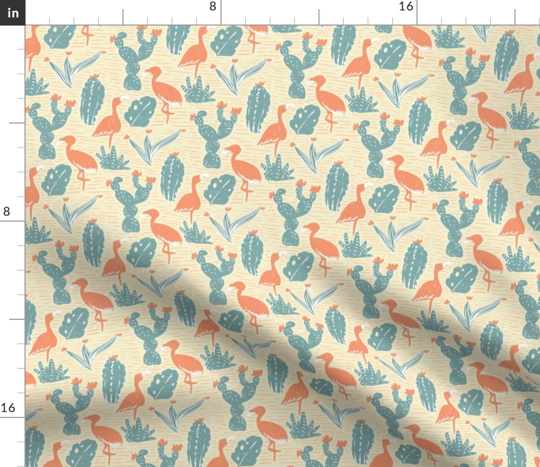 Flamingos and Cacti desert botanical Wild West exotic landscape teal orange Large 6in-repeat