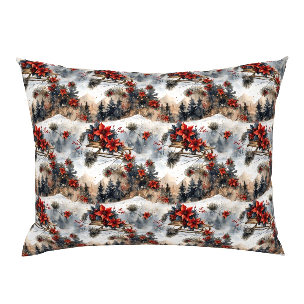 Country Christmas with Mountain Sled Poinsettia Christmas Flower Pattern