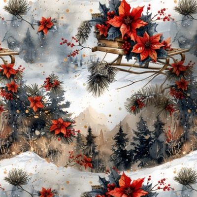 Country Christmas with Mountain Sled Poinsettia Christmas Flower Pattern