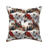 Country Christmas with Mountain Sled Poinsettia Christmas Flower Pattern
