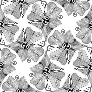 12” Monochrome Topography Flower Tangle Art Deco Fans - Medium
