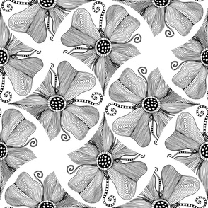 24” Monochrome Topography Flower Tangle Art Deco Fans - Large