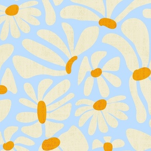 Retro Whimsy Daisy- Flower Power on Light Blue- Eggshell Floral- Large Scale