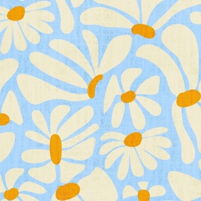 Retro Whimsy Daisy- Flower Power on Light Blue with Texture- Eggshell Floral- Large Scale