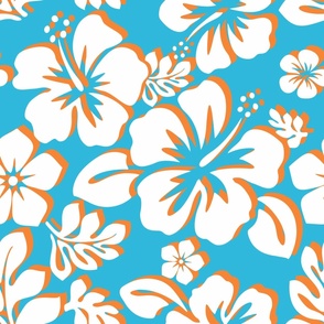 Aqua Blue, Orange and White Hawaiian Flowers -Medium Scale -