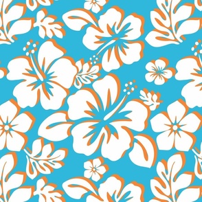 Aqua Blue, Orange and White Hawaiian Flowers -Small Scale -