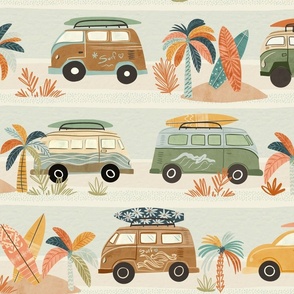Summer Vacation - Large retro vans carrying surfboards - california beach - boho surf decor - surfing wallpaper - boy room