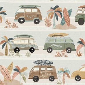 Summer Vacation - Large retro vans carrying surfboards - california beach - boho surf decor - surfing wallpaper - vintage retro color