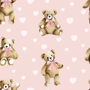 Teddy Bears with Blush Pink Bows and Hearts on Blush Pink for Baby Nursery