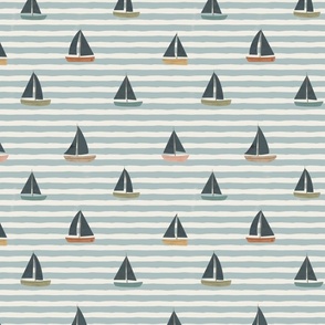 Summer Vacation - Medium minimalist sail boats over a serenity blue horizontal stripes background - ocean coastal decor - vintage syle