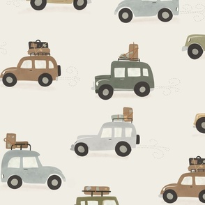 Summer Vacation - Large vintage Cars in beige - bohemian kids wallpaper - baby boy room decor - retro colors