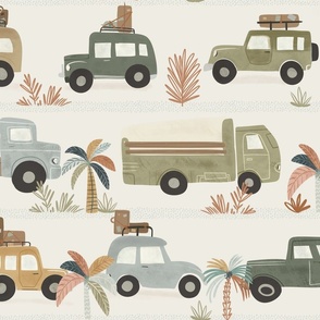 Summer Vacation - traffic jam - vintage cars and trucks large- boho baby boy decor -  bohemian baby boy room wallpaper - retro colors