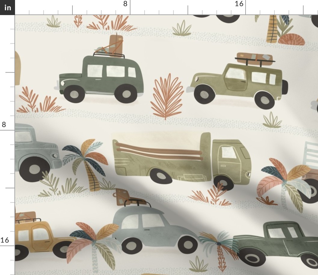 Summer Vacation - traffic jam - vintage cars and trucks large- boho baby boy decor -  bohemian baby boy room wallpaper - retro colors