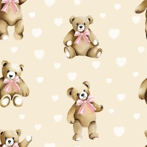 Teddies with Blush Pink Bows and Hearts on Beige Cream  for Nursery