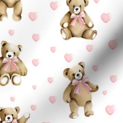 Teddies with Blush Pink Bows Hearts on White for Baby and Child