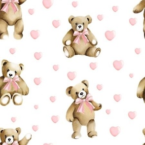 Teddies with Blush Pink Bows Hearts on White for Baby and Child