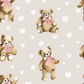 Teddies Blush Pink Bows with Hearts on Greige Grey for Kids