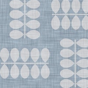 abstract scandi leaves in off white on neutral dusty blue with linen texture, natural style denim collection