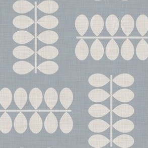 crossed scandi leaves in off white on neutral bluish grey on linen texture, natural style denim collection (S)