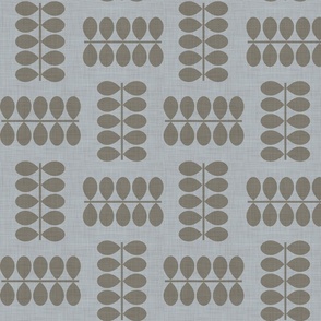 crossed scandi leaves on neutral dusty blue - grey on linen texture, natural style japandi collection