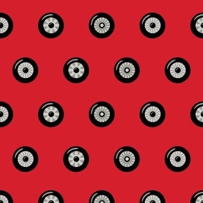 Car Wheels on Primary Red - Polkadots, (med)