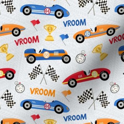 Retro Race Cars, Checkered Flags, Trophy in Primary Colors (med)