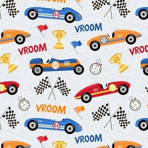 Retro Race Cars, Checkered Flags, Trophy in Primary Colors (med)