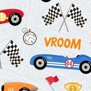 Retro Race Cars, Checkered Flags, Trophy in Primary Colors (lg)