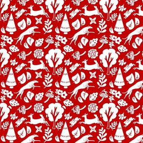Red Floral Forest with Hound Small Print