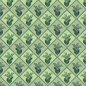 Victorian tile style lily of the valley in dark green block print style (large)