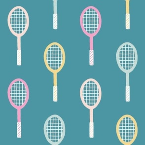 Summer Court Sports: Colorful Badminton Rackets in Pink, Teal, Yellow and Blue