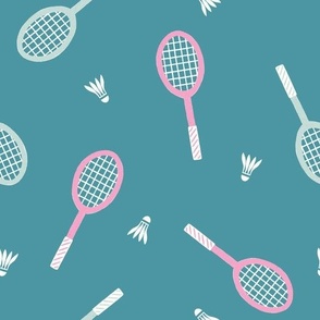 Sport Lovers: Hot Pink and Blue Badminton Rackets and Shuttlecocks on a Teal Background