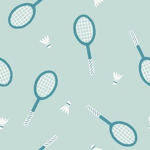 Sport Lovers: Teal Badminton Rackets and Shuttlecocks on a Dusty Blue Background