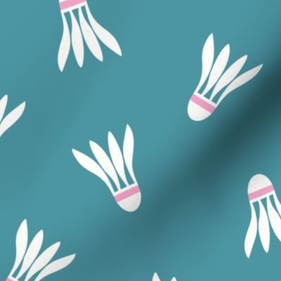 Minimalist Match: Scattered, Non-directional White Shuttlecocks on Teal Background