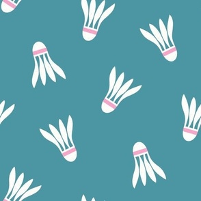 Minimalist Match: Scattered, Non-directional White Shuttlecocks on Teal Background