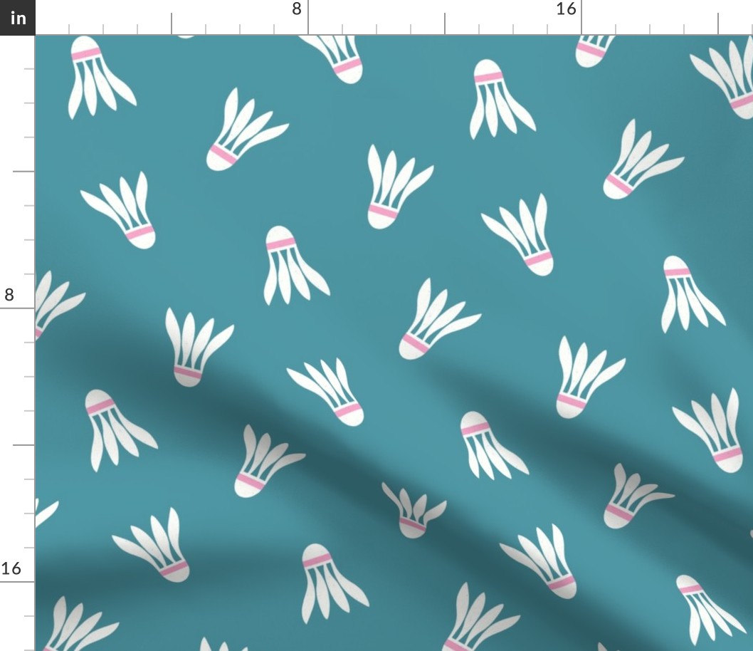 Minimalist Match: Scattered, Non-directional White Shuttlecocks on Teal Background