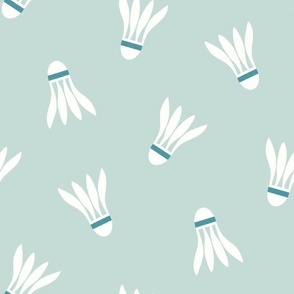 Minimalist Match: Scattered, Non-directional White Shuttlecocks on a Dusty Blue Background