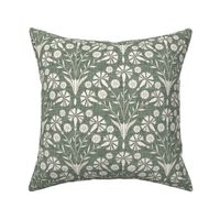Art Deco carnations on linen in cream and green (m) 8" 