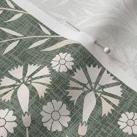 Art Deco carnations on linen in cream and green (m) 8" 