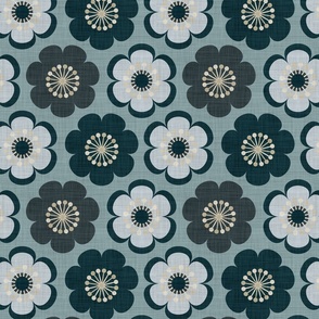 Retro hippy 70s' flowers in denim indigo washed blue -dark green hues, on dusty teal linen texture. inspired by painted vintage jeans (s)