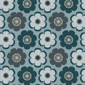 Retro hippy 70s' flowers in denim indigo washed blue -green hues, on dusty teal linen texture. inspired by painted vintage jeans (s)
